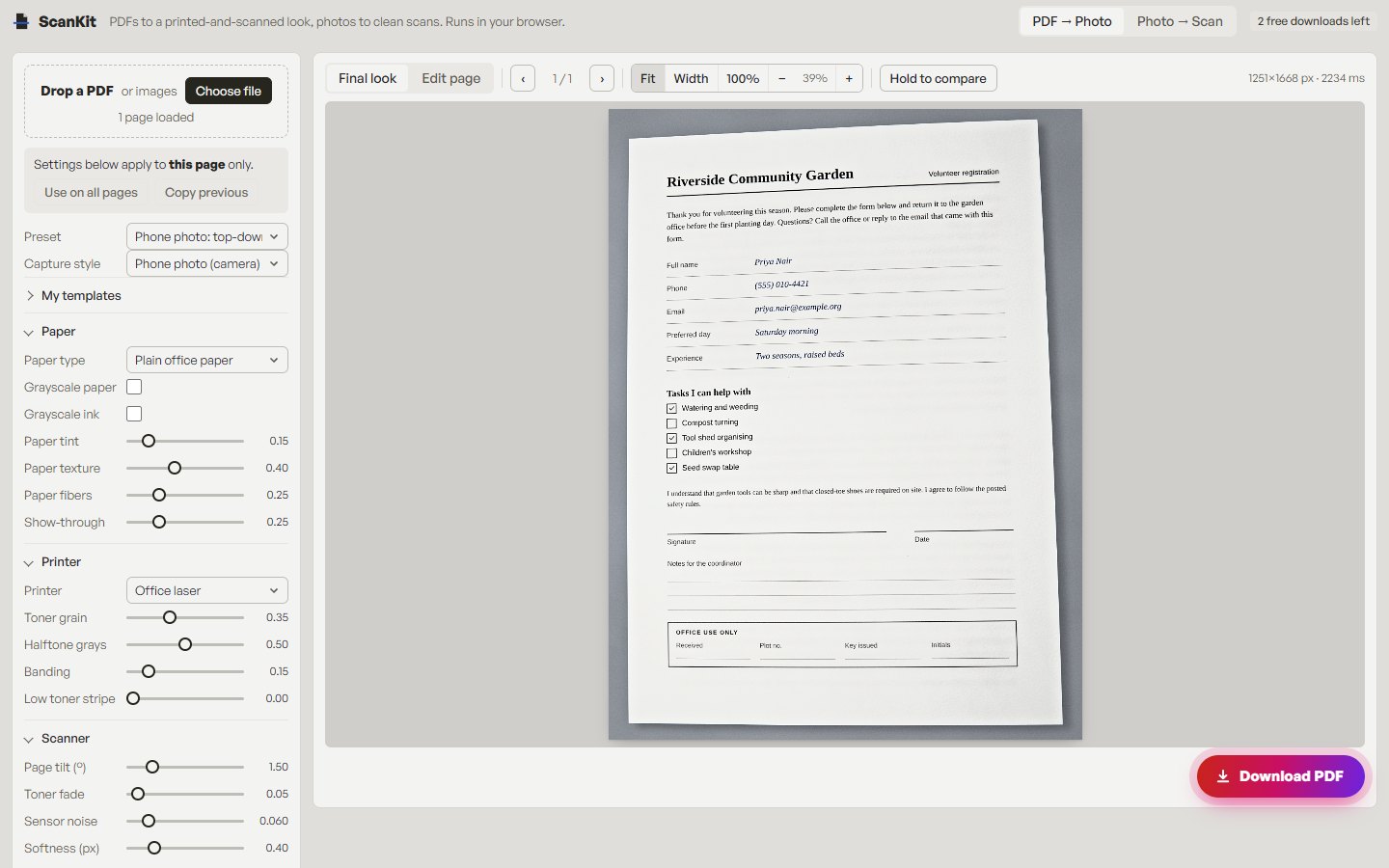 The ScanKit app with its paper, printer and scanner settings