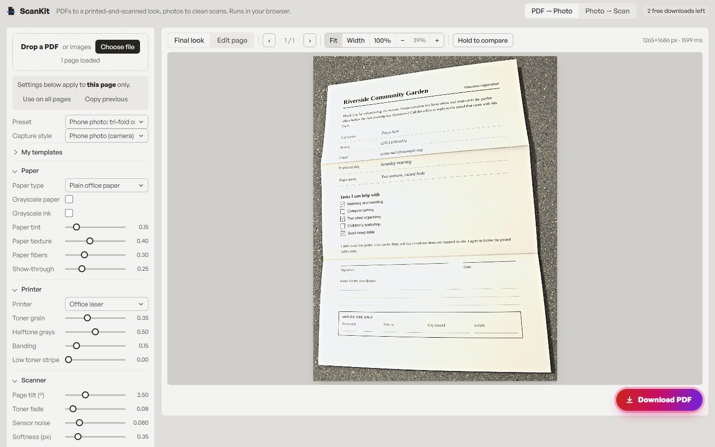 The ScanKit app with a form loaded: Paper, Printer and Scanner controls on the left, the form rendered as a folded phone photo on the right